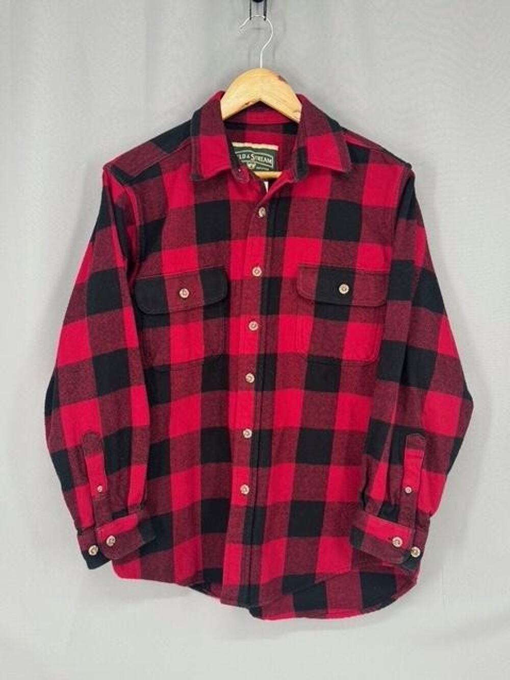Vtg Field & Stream Shacket Mens Medium Red Buffalo Plaid Flannel Lumber Jack